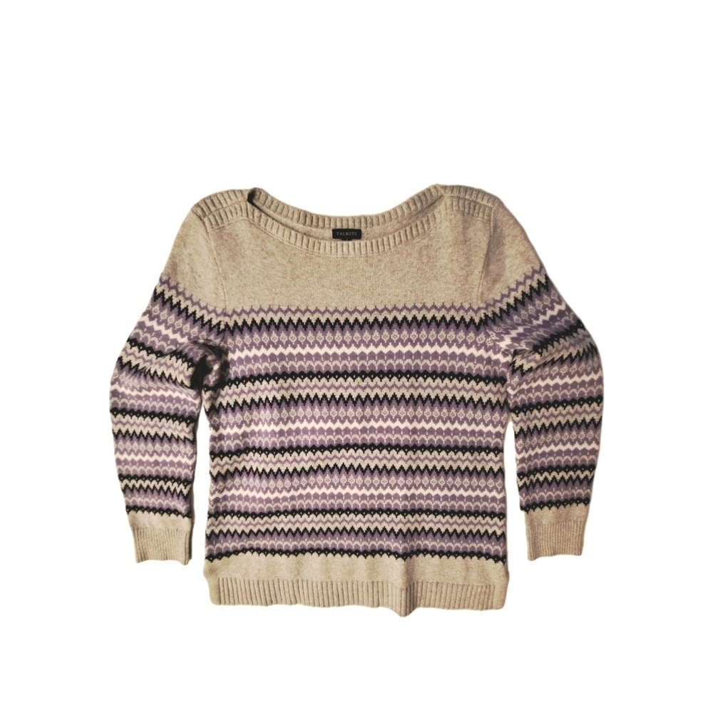 Talbots Fair Isle Gray With Black and Purple Patterned Sweater Nordic Hygge Sz M